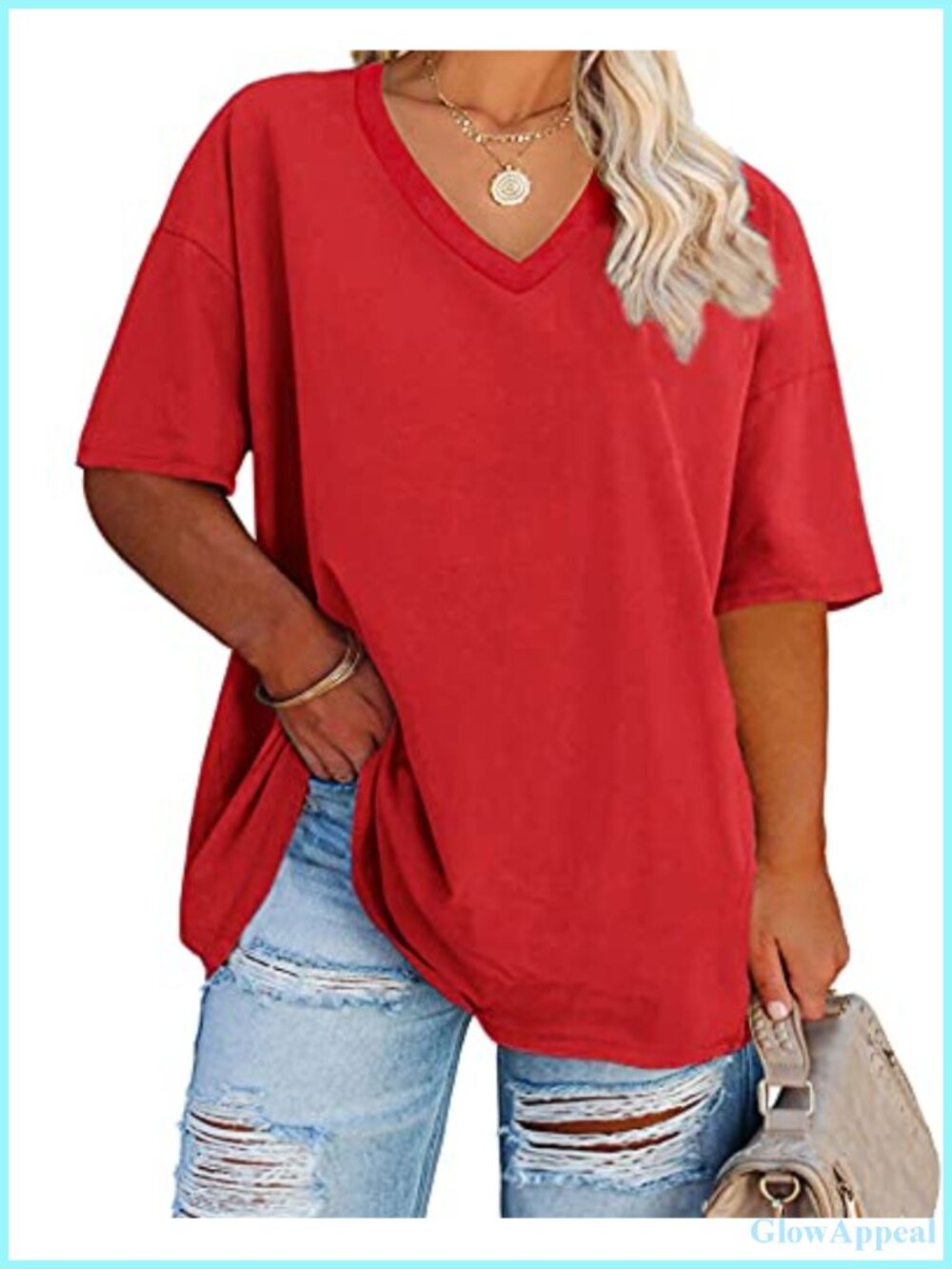 Fisoew Women's Plus Size V Neck Half Sleeve Tunic T Shirt Cotton Loose Fit